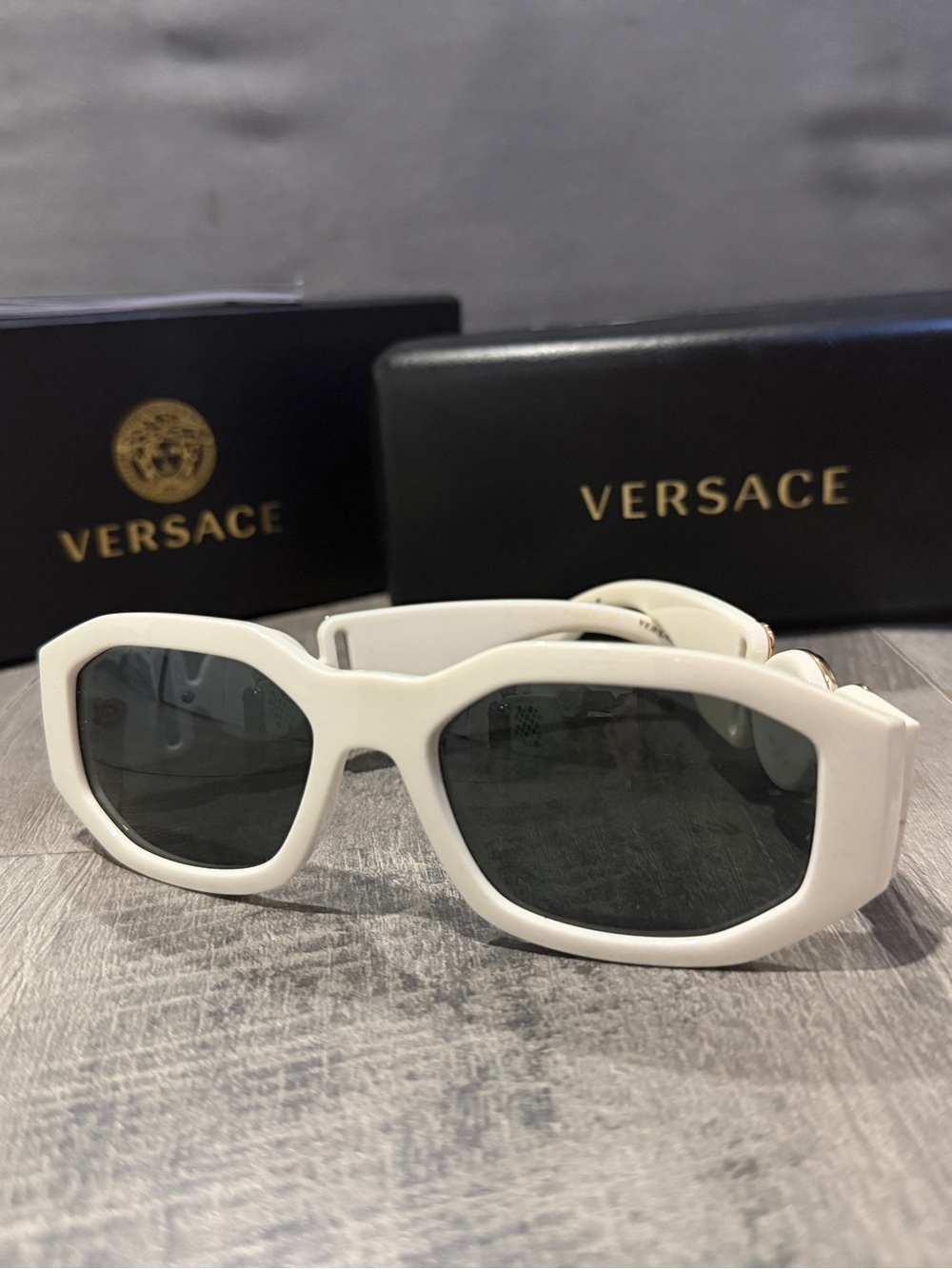 Versace White Frame Sunglasses with Dark Lenses